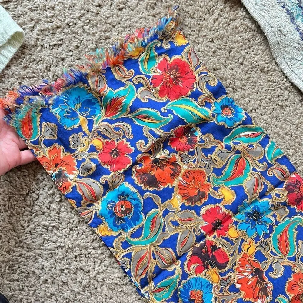 VTG Silk Scarf Jewel Tone Floral Gold Accents Long Fringe Wrap 80x10